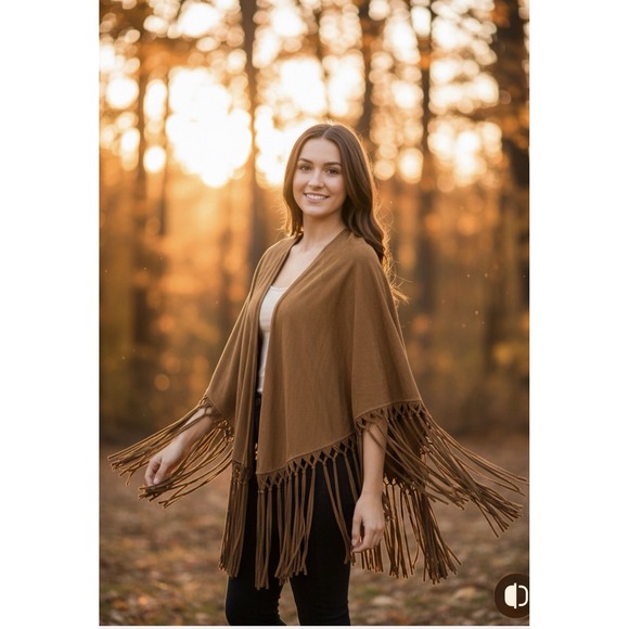 Reba Western Suede Leather Cape Womens Size M Tan Fringe Boho Shawl Wrap Hippie